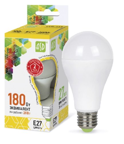 Лампа светодиодная ASD Standart A60 Груша E27 220В 20Вт 1800Лм 3000К 60х108мм картинка 